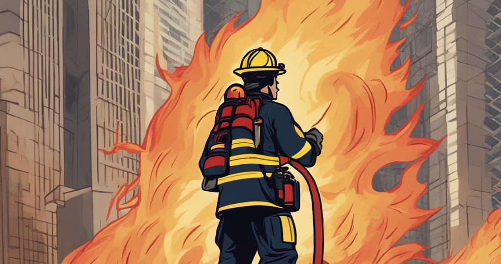 a-small-statured-firefighter-fully-equipped-in-uniform-heroically-extinguishing-a-blaze-with-a-fir-132530733
